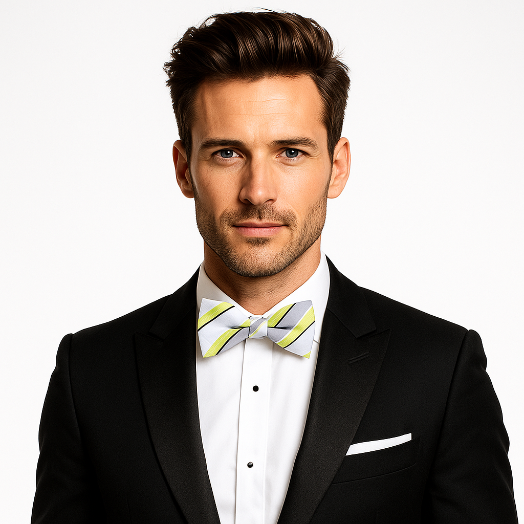 Man wearing a black suit with a white shirt and a colorful bow tie on a plain background