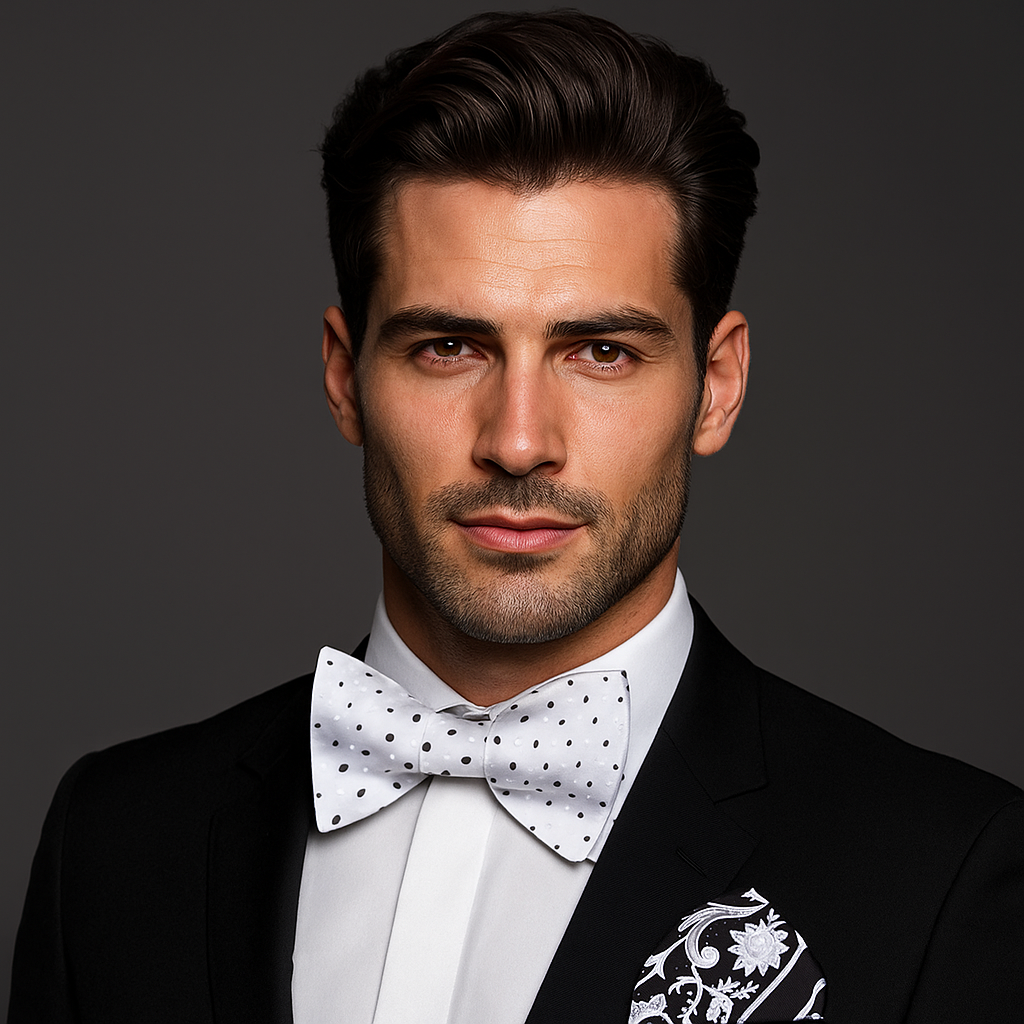 Man wearing a black tuxedo with a white shirt and polka dot bow tie against a dark background