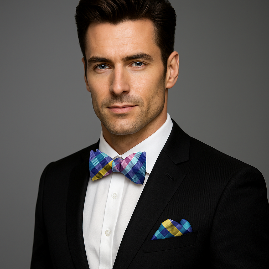 Man wearing a black suit with a colorful bow tie and pocket square on a gray background