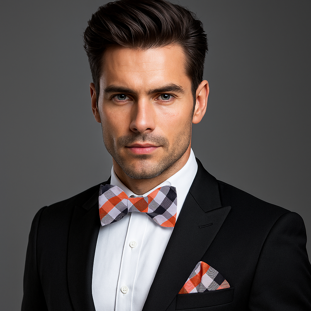 Man wearing a black suit with a colorful bow tie and pocket square on a gray background