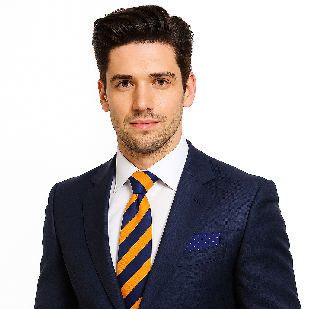 Man wearing a navy suit with a blue and orange striped tie on a white background