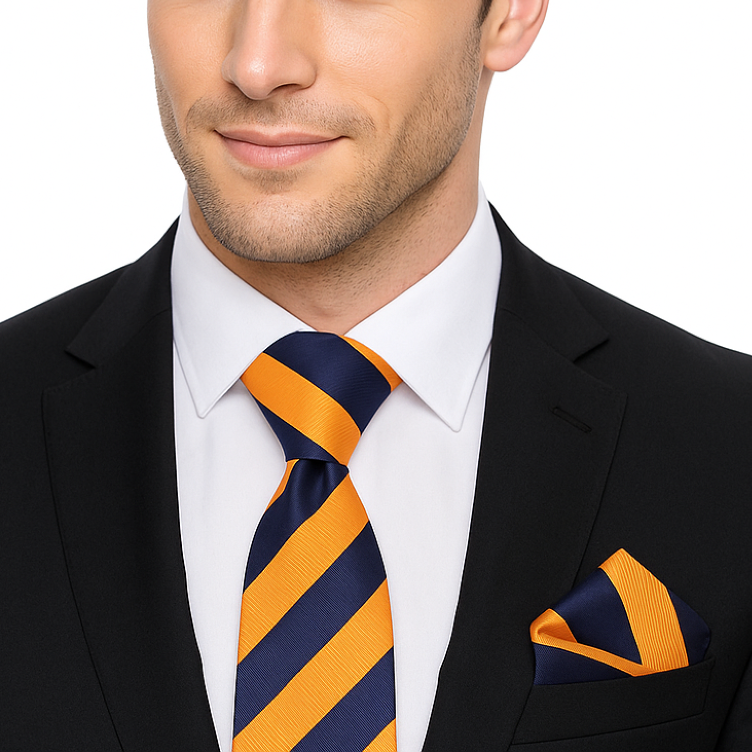 Man wearing black suit with blue and orange block stripe tie and square