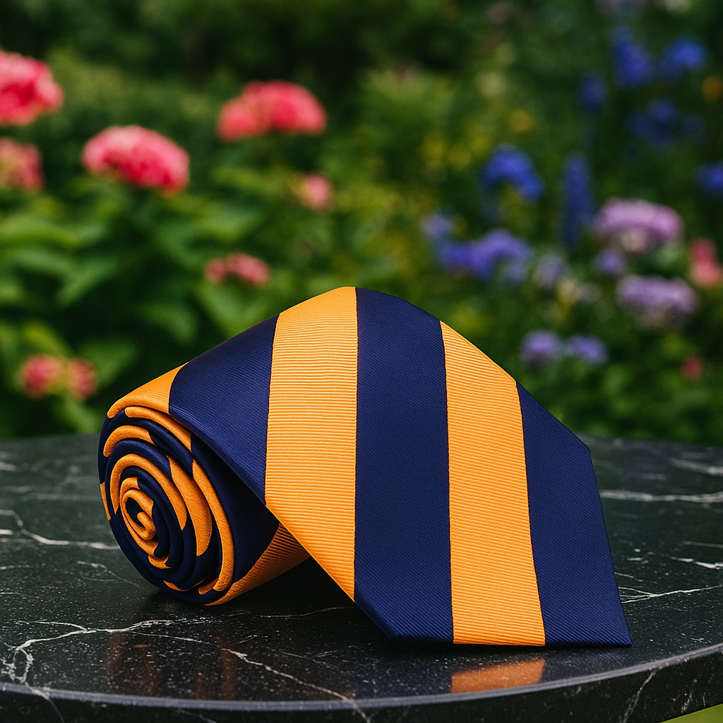 Blue and orange striped tie on a dark surface with blurred flowers in the background