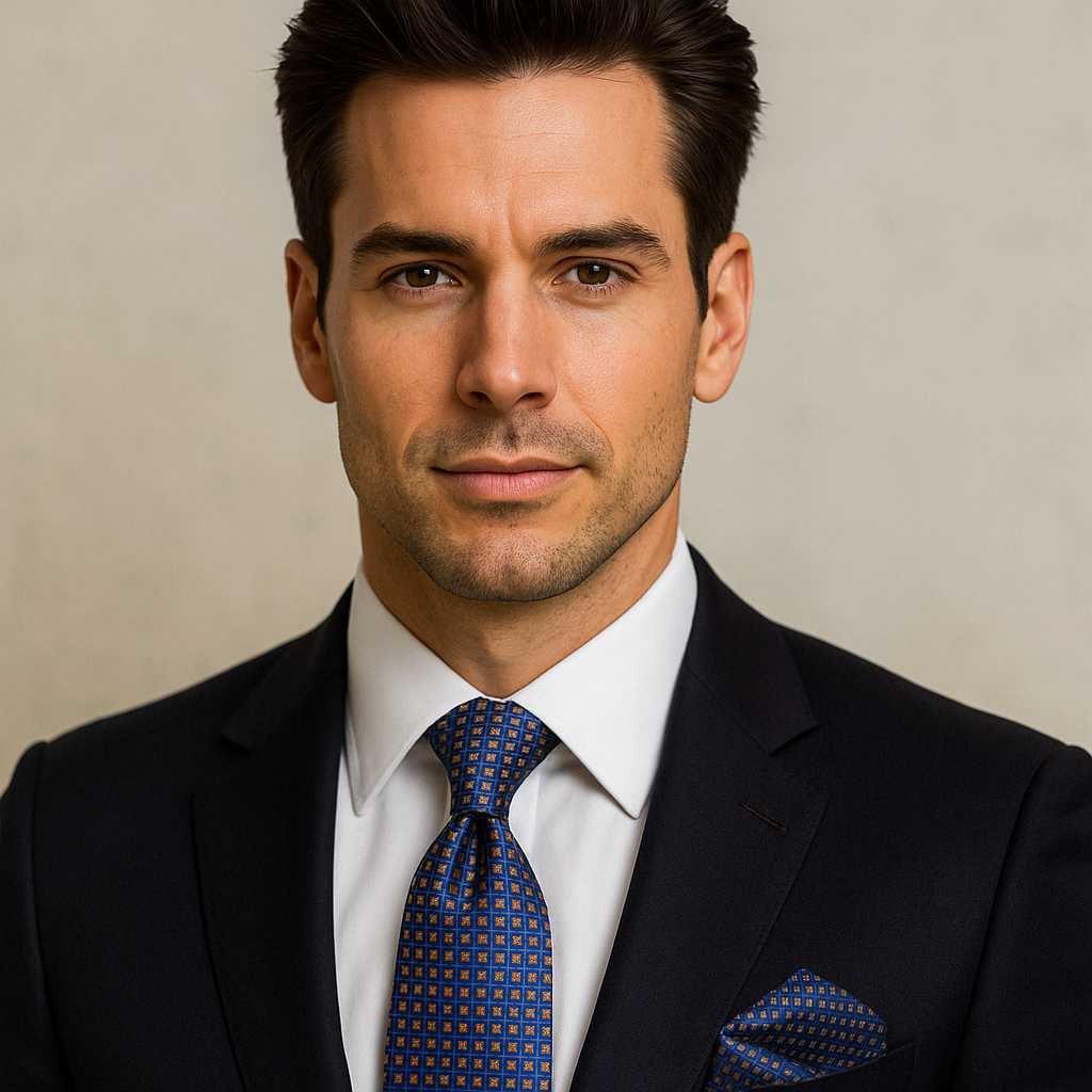 Man wearing a dark suit with a blue patterned tie against a neutral background