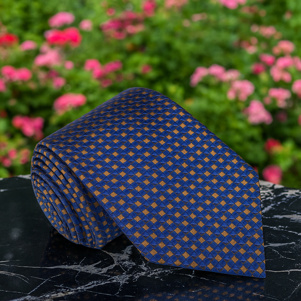 Blue patterned tie on a dark surface with blurred flowers in the background