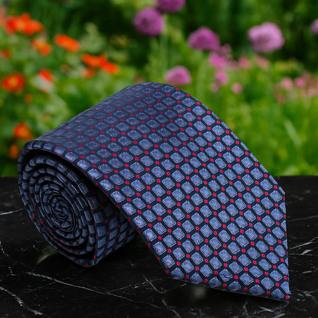 Blue patterned tie on a dark surface with a blurred floral background
