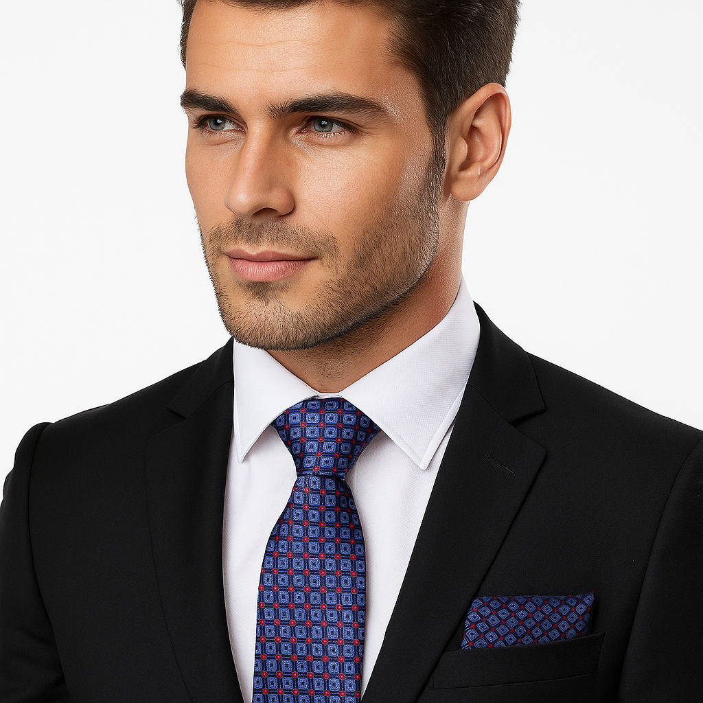 Blue Red Geometric Necktie and Square on Man wearing Black Suit