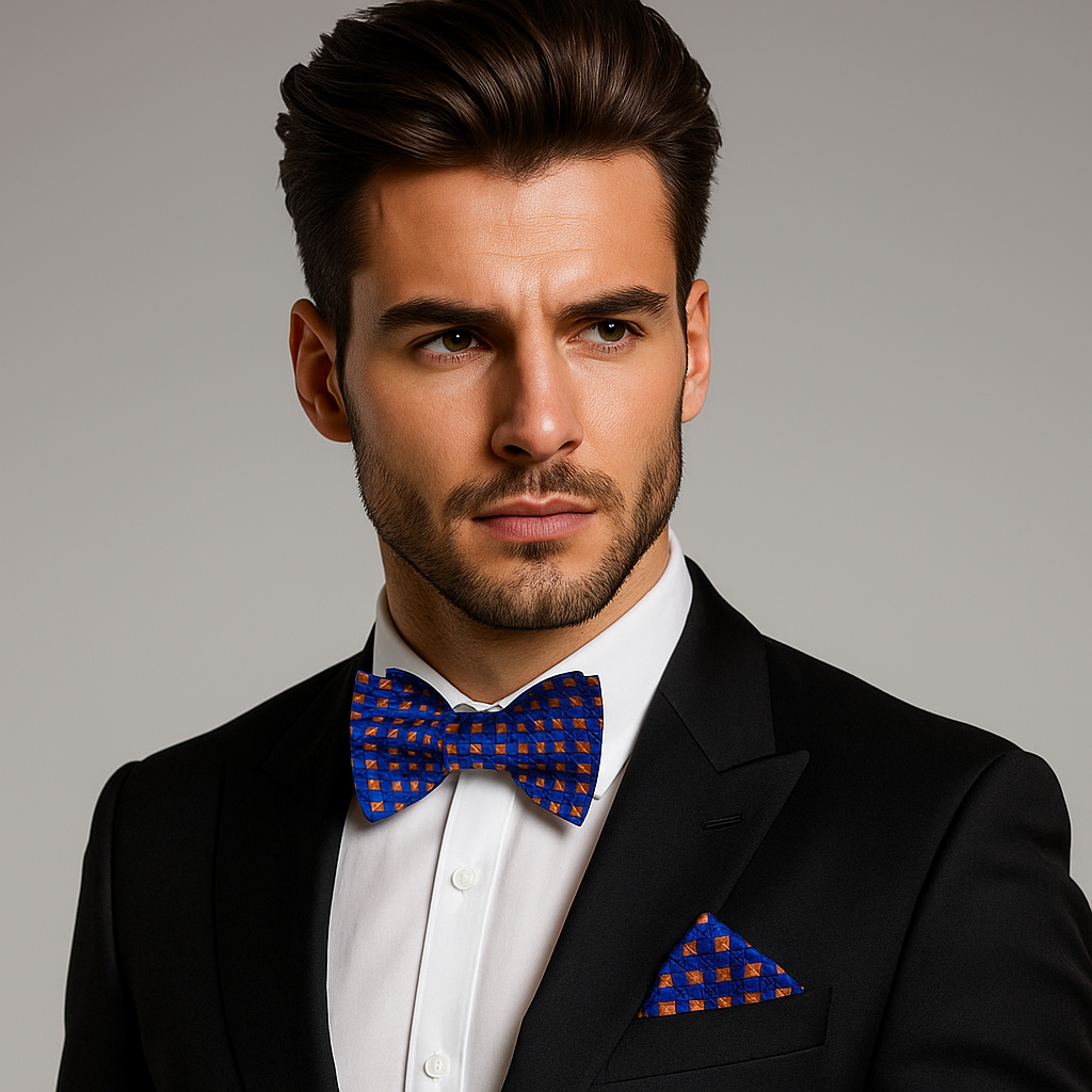 Man wearing a black suit with a blue checkered bow tie and pocket square on a gray background