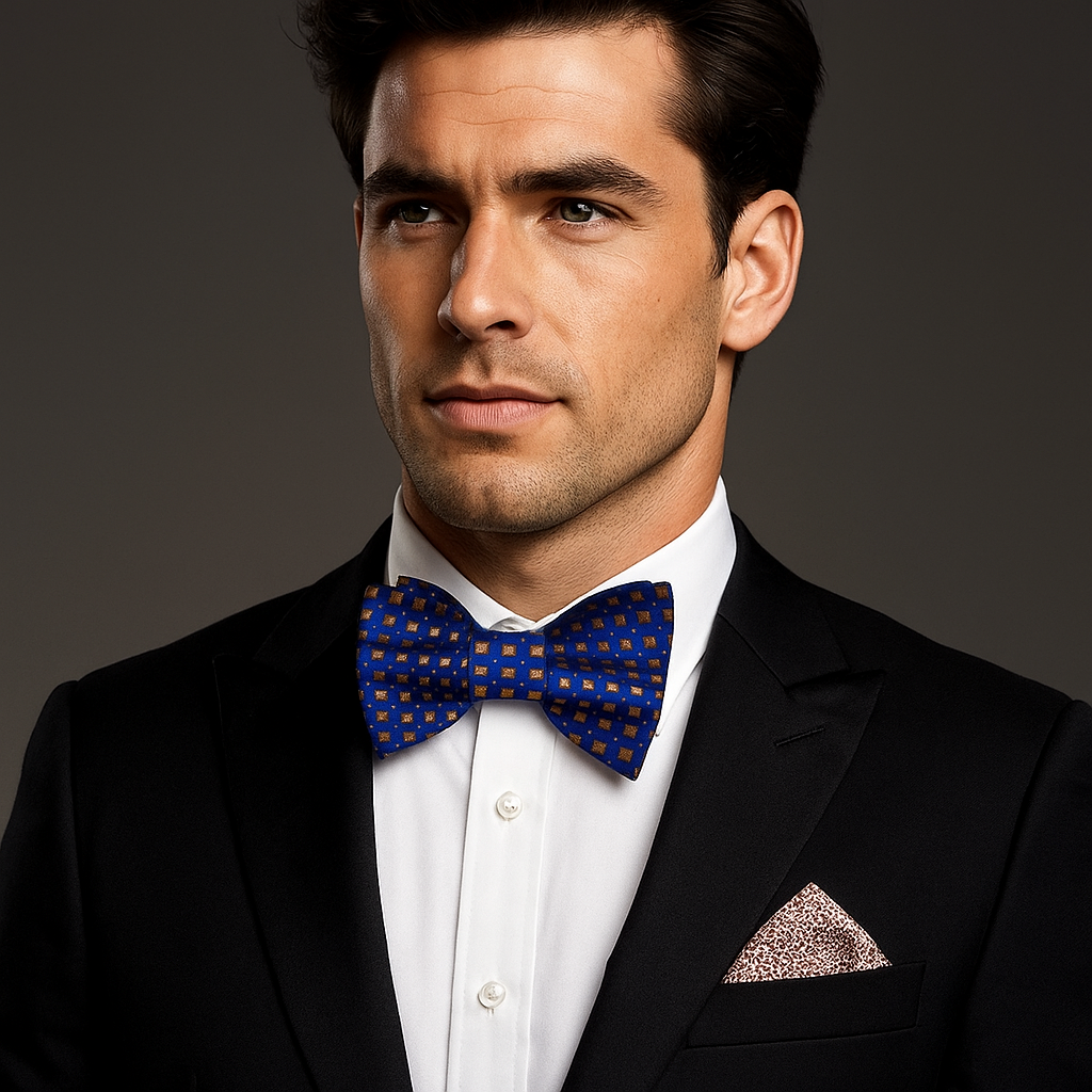 Man wearing a black suit with a blue bow tie and white shirt against a dark background