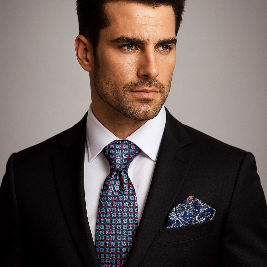 Blue, Red Check Tie and Silver, Blue, Red Paisley Square on Man wearing Black Suit