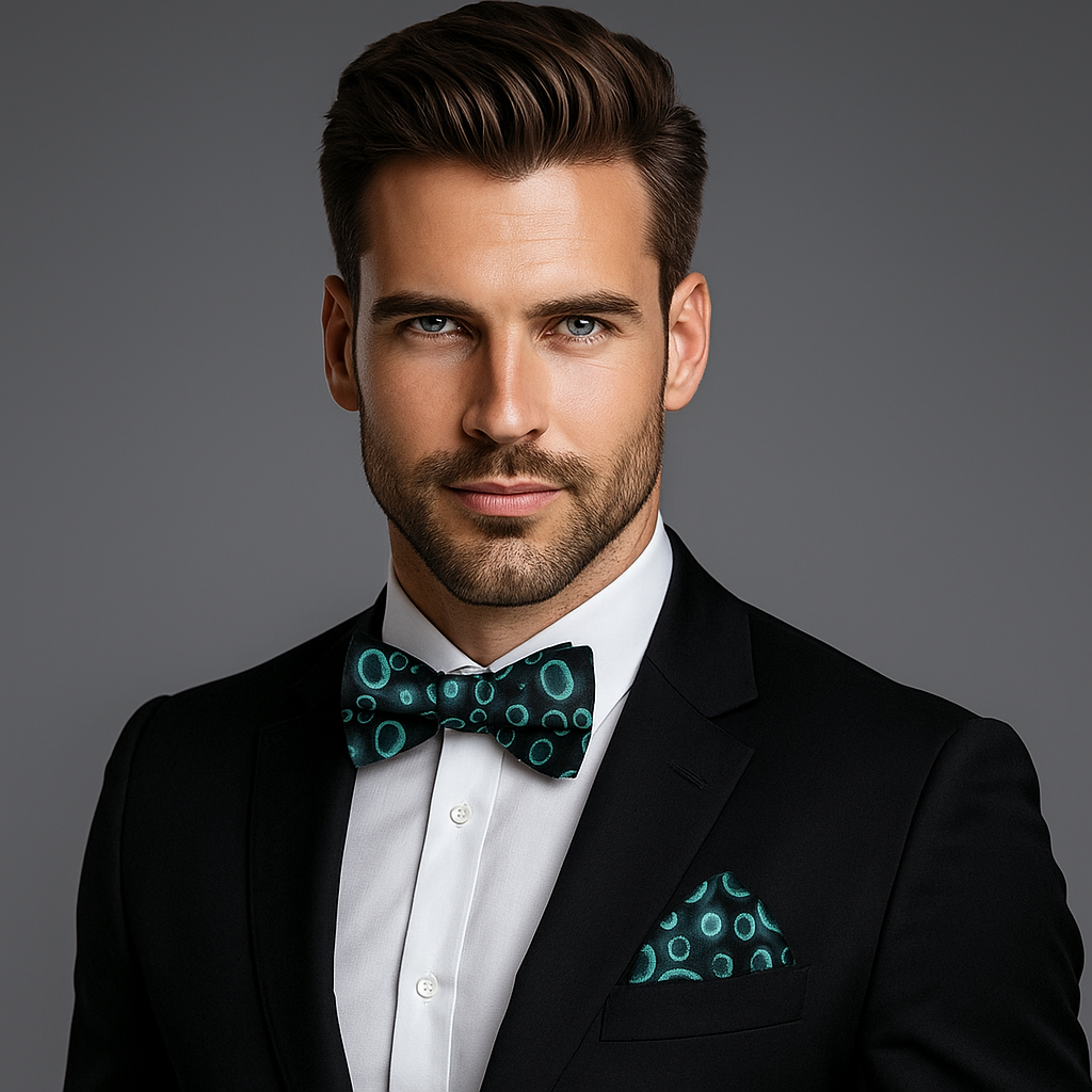 Man wearing black and green circles bow tie and handkerchief