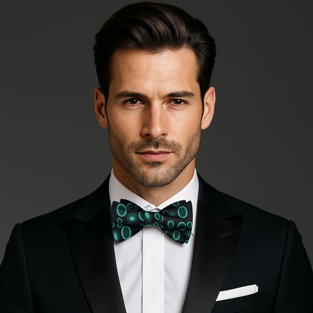 Man wearing a black tuxedo with a green polka dot bow tie on a dark background