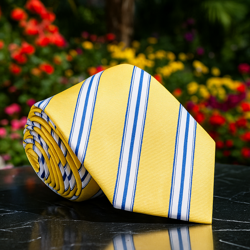 Yellow tie with blue and white stripes on a reflective surface with flowers in the background