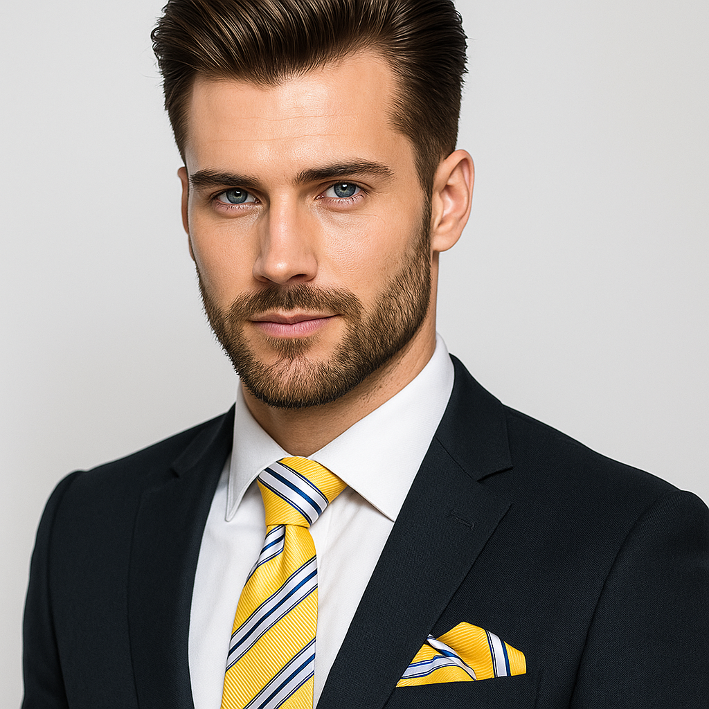 Man wearing a dark suit with a yellow tie and pocket square against a light gray background