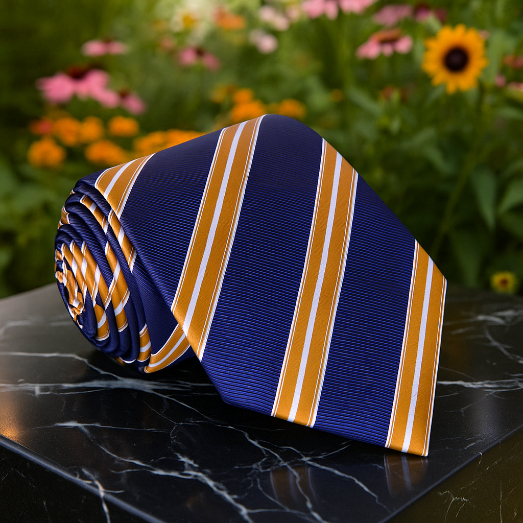 Folded blue and gold striped tie on a dark surface with a blurred floral background