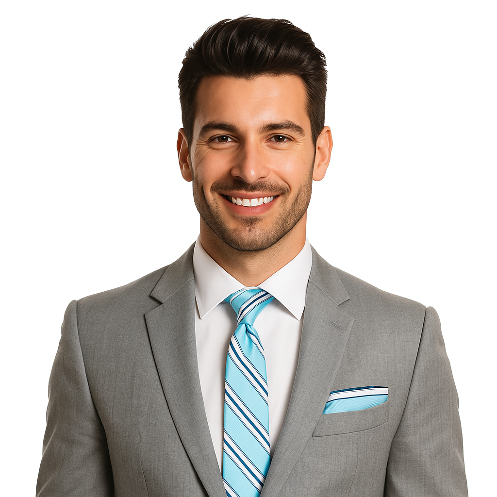 Man wearing a gray suit with a blue striped tie on a white background