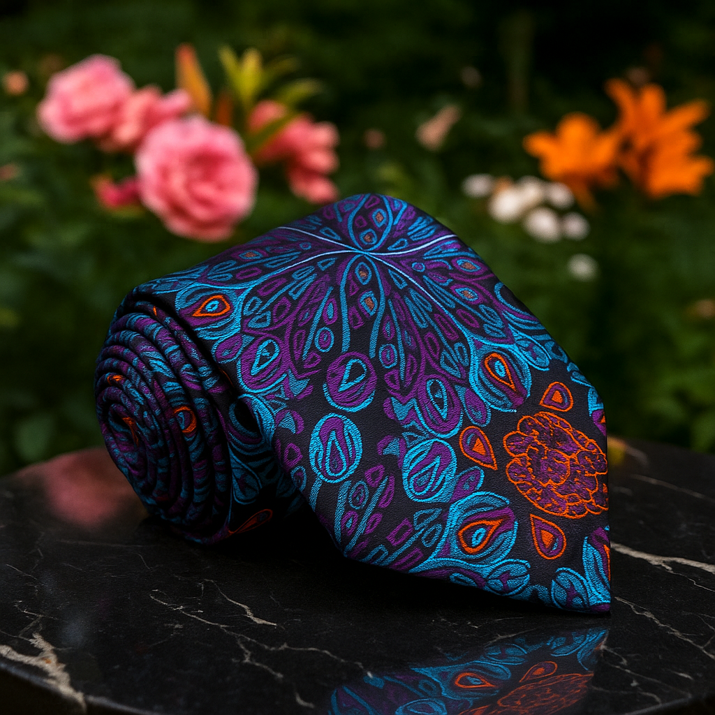 Colorful patterned tie on a dark surface with flowers in the background