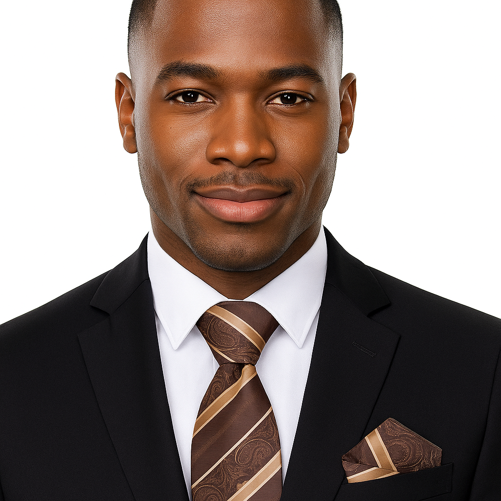 Man wearing brown and gold stripe and paisley tie and handkerchief