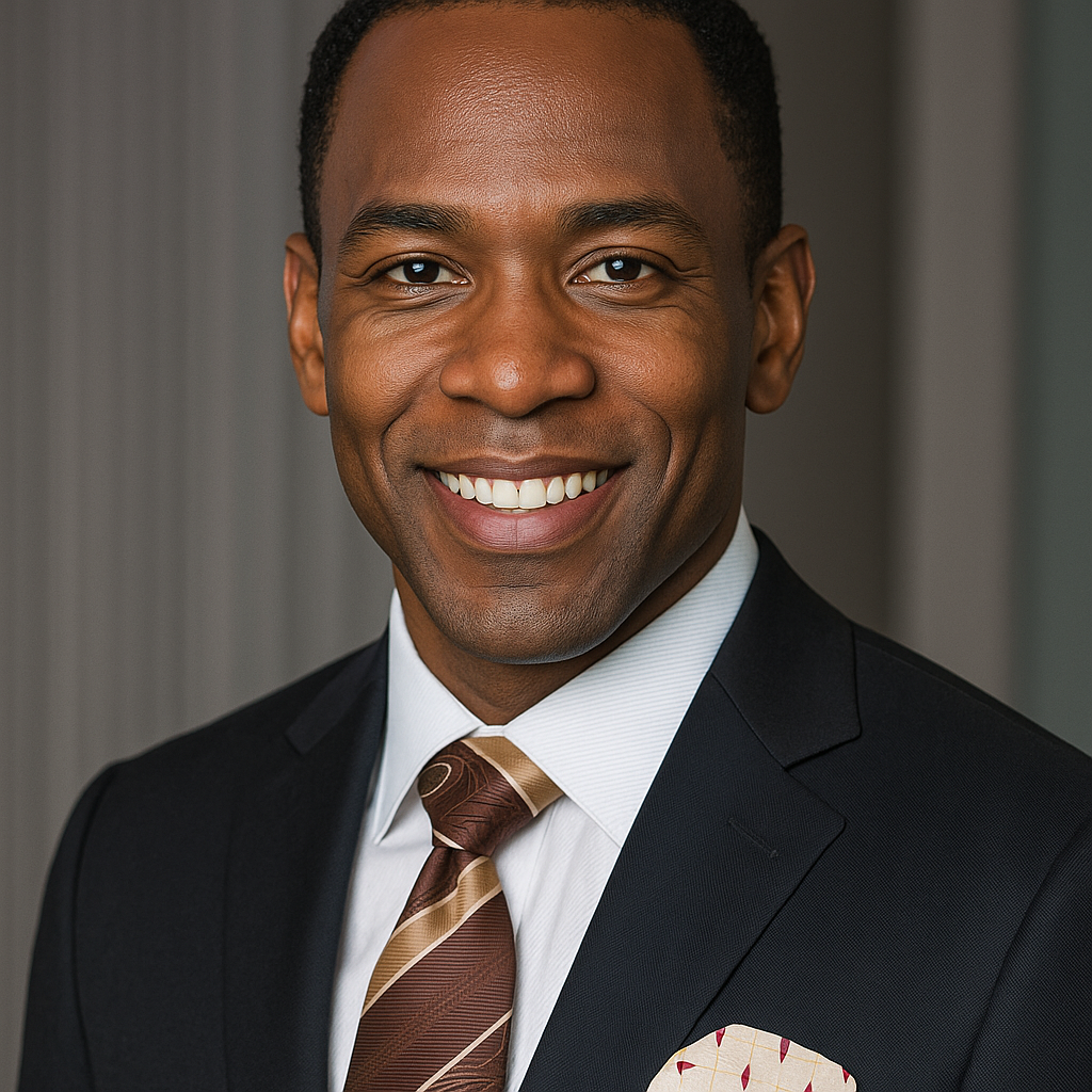 Man wearing a dark suit with a brown tie and pocket square against a neutral background