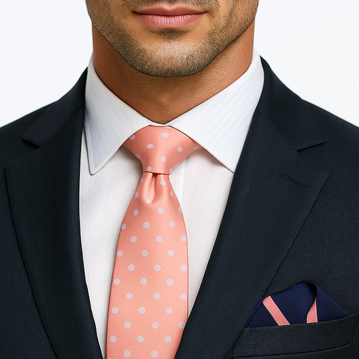 Man wearing a navy suit with a white shirt, pink polka dot tie, and matching pocket square.