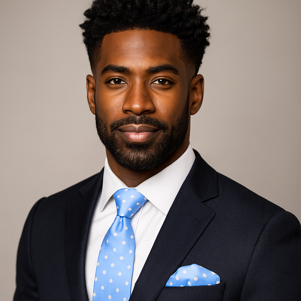 Man wearing a dark suit with a blue polka dot tie and pocket square against a neutral background
