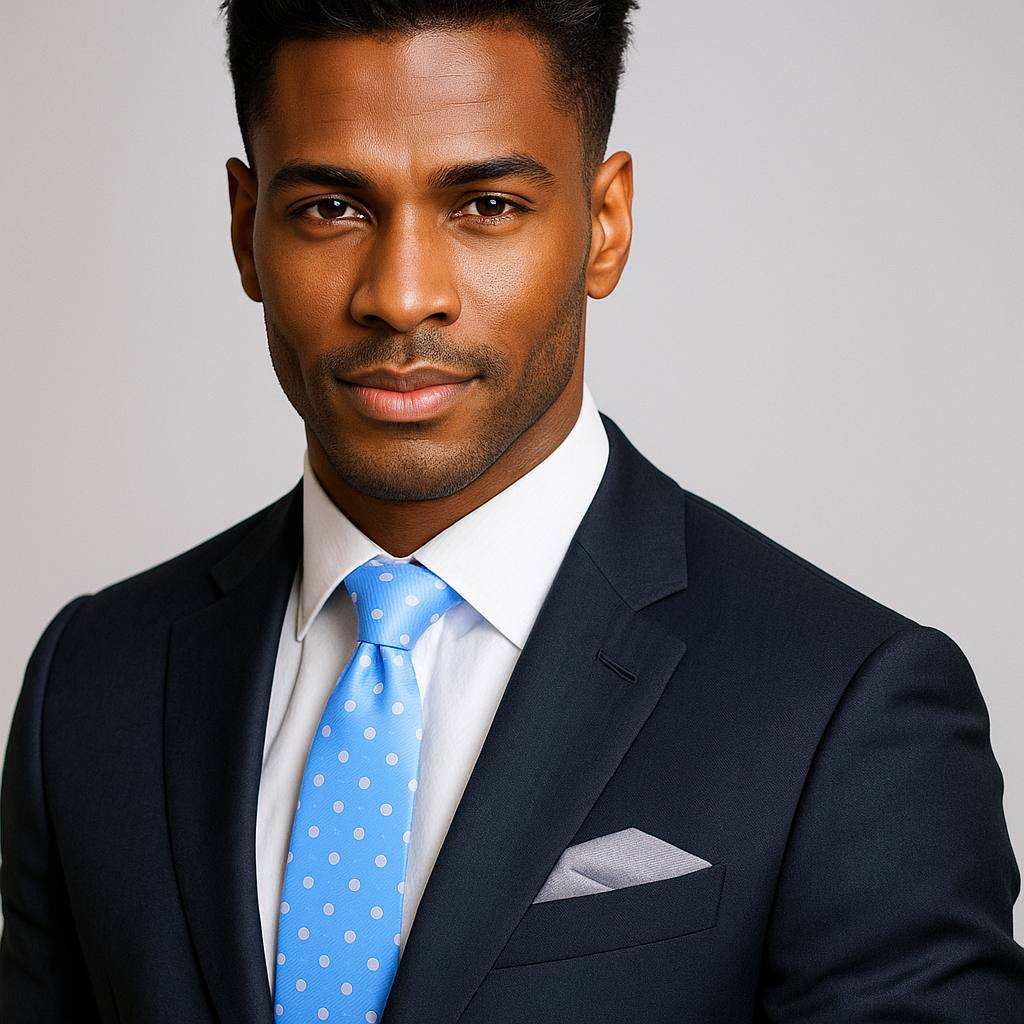 Man wearing a dark suit with a blue polka dot tie against a gray background