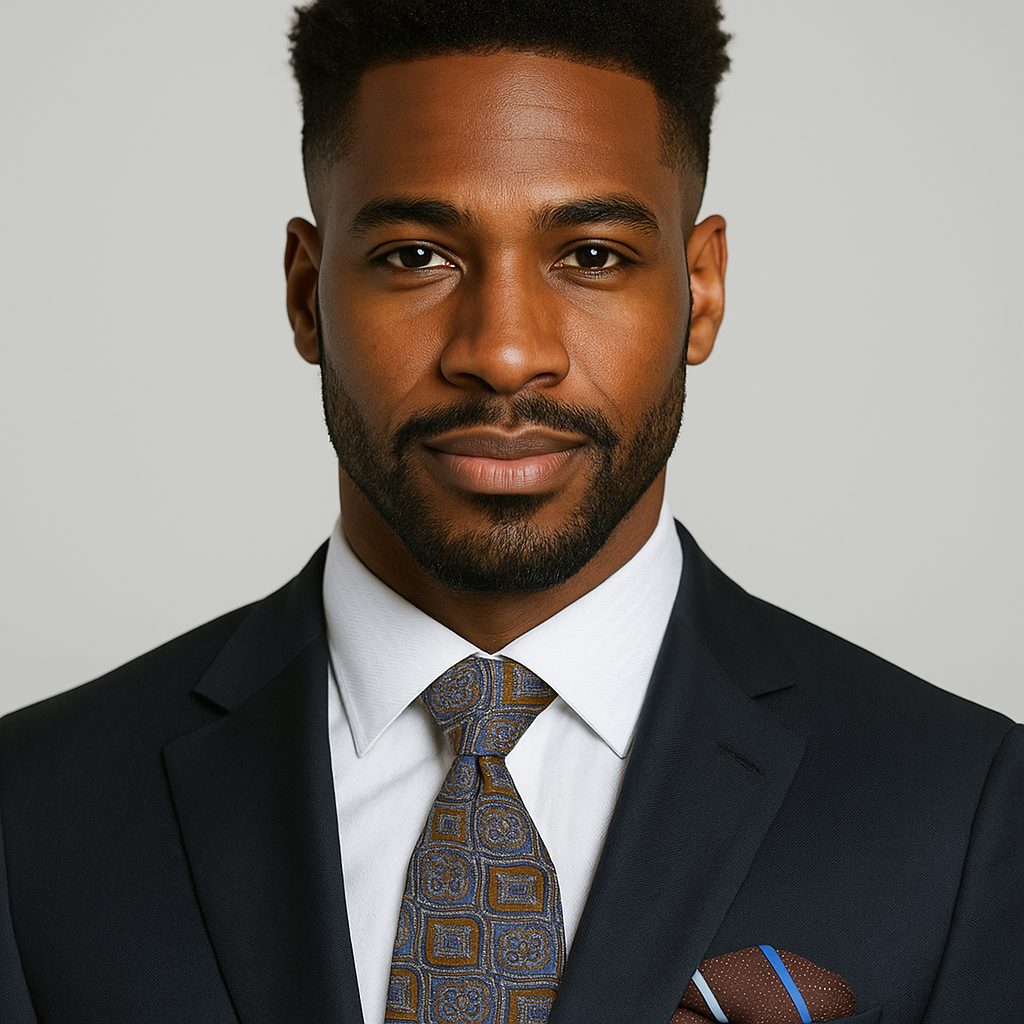 Man wearing a dark suit with a patterned orange, blue and brown geometric tie and pocket square against a neutral background