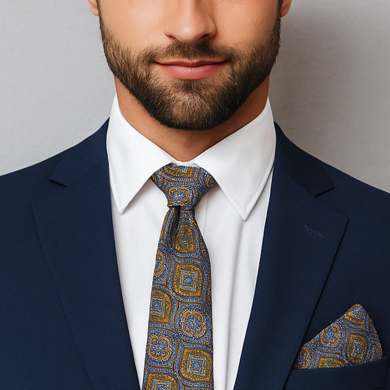 Main Brown, Light Blue, Rust Geometric Tie and Square