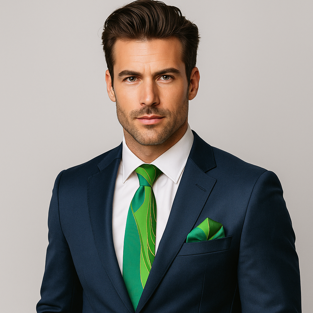 Man wearing a navy suit with an abstract green tie and pocket square on a gray background