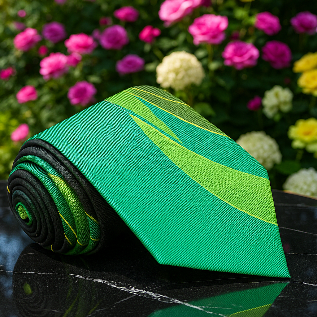 Green and black striped tie on a reflective surface with flowers in the background