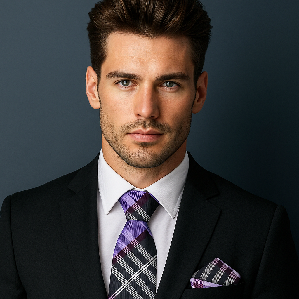 Man wearing a black suit with a purple and gray striped tie against a dark background