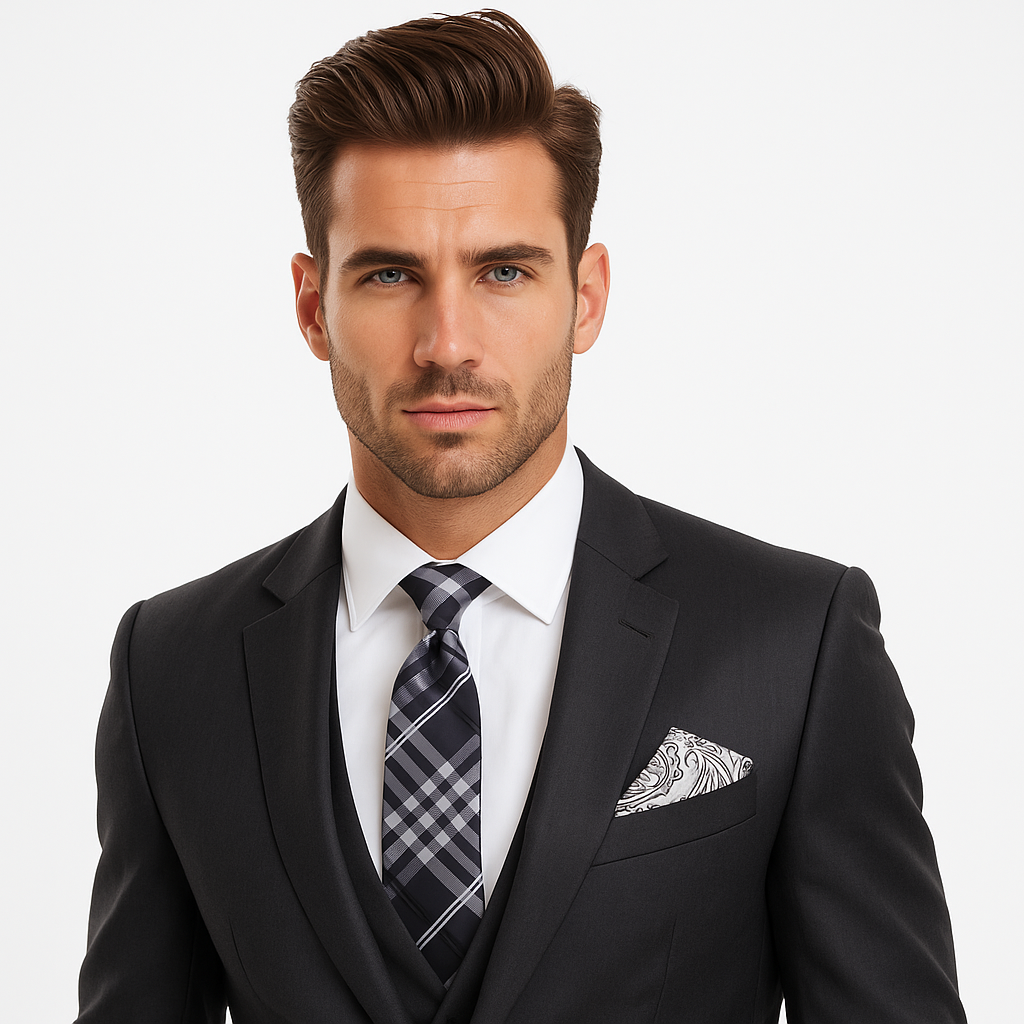 Man wearing Black, Grey and White Plaid Necktie and Accenting Grey Paisley Square