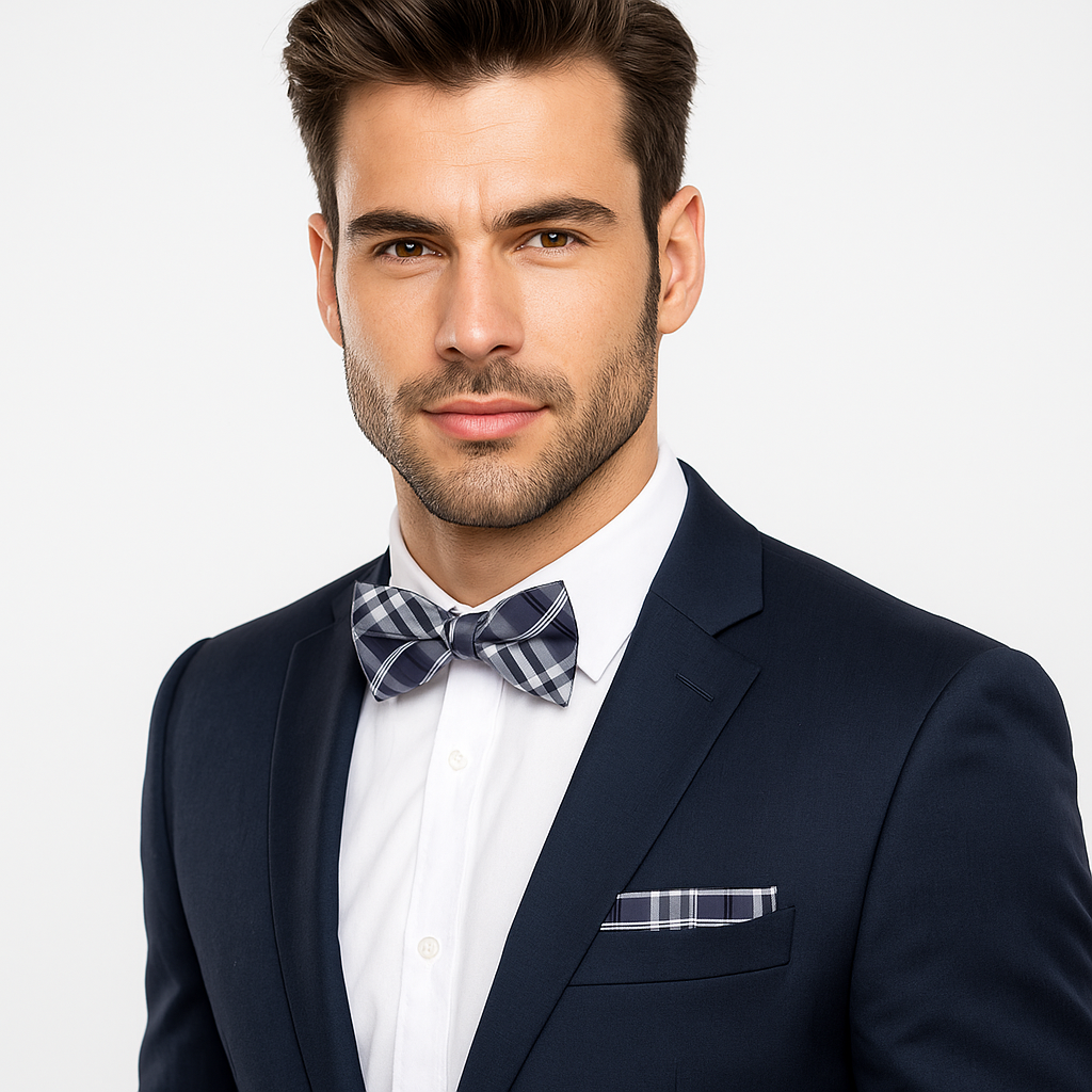 Man wearing a navy suit with a plaid bow tie and pocket square on a light gray background