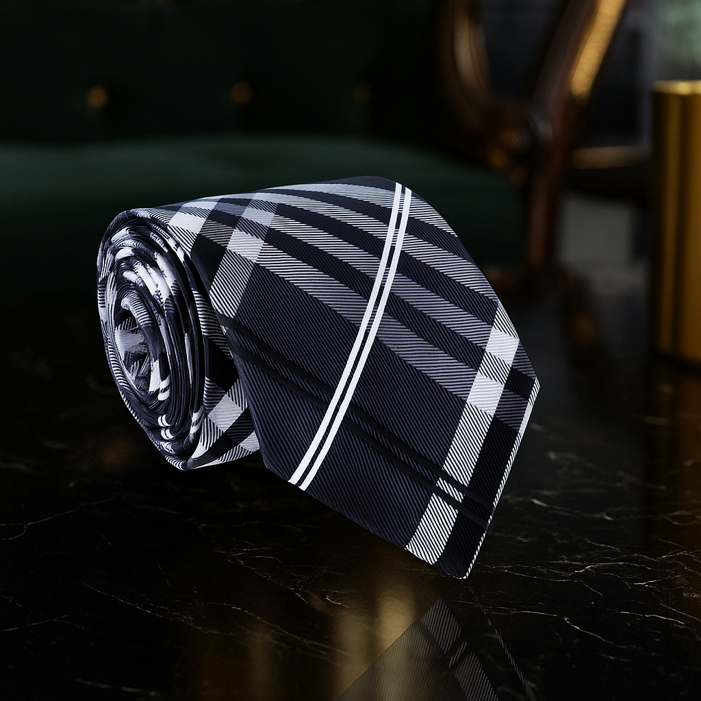 Main Black, Grey, White Plaid Necktie