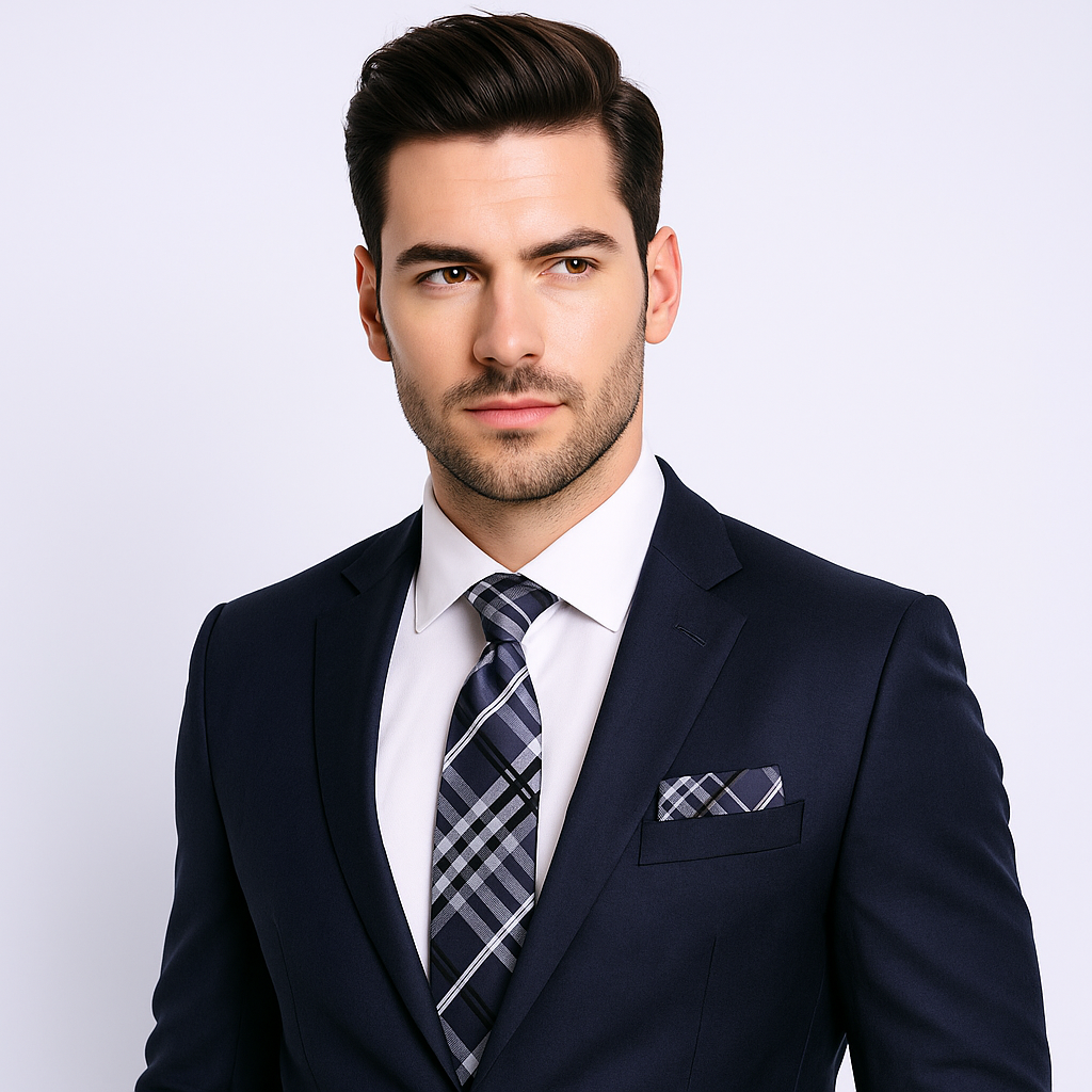 Man wearing Black, Grey and White Plaid Necktie and Square