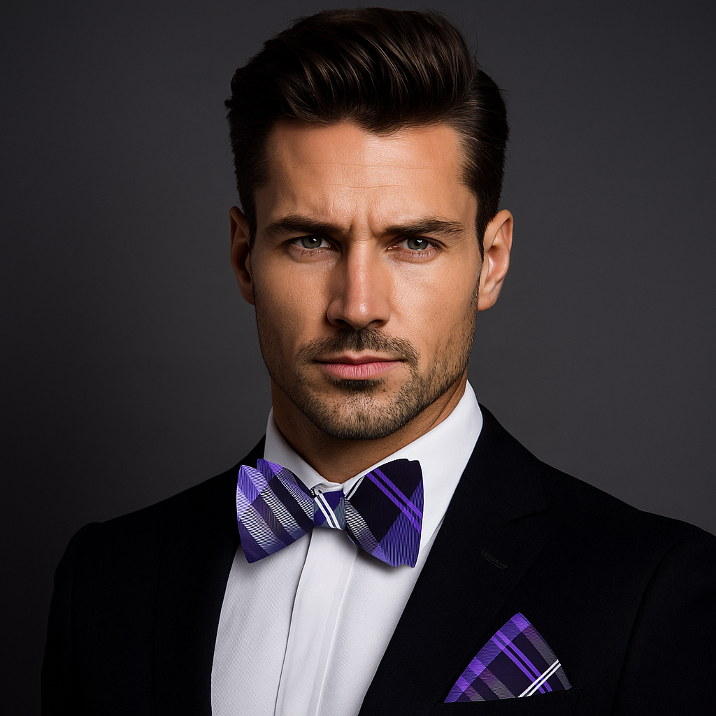 Man wearing a black suit with a purple and black plaid bow tie and pocket square on a dark background