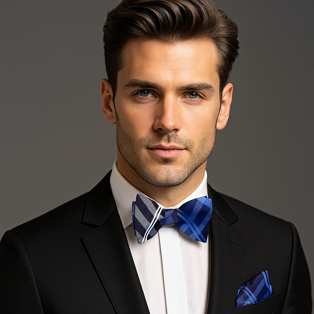 Man Wearing Black Suit with Blue Plaid Bow Tie and Square