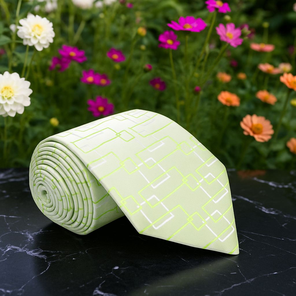 Rolled-up green yoga mat with white patterns on a black surface with flowers in the background
