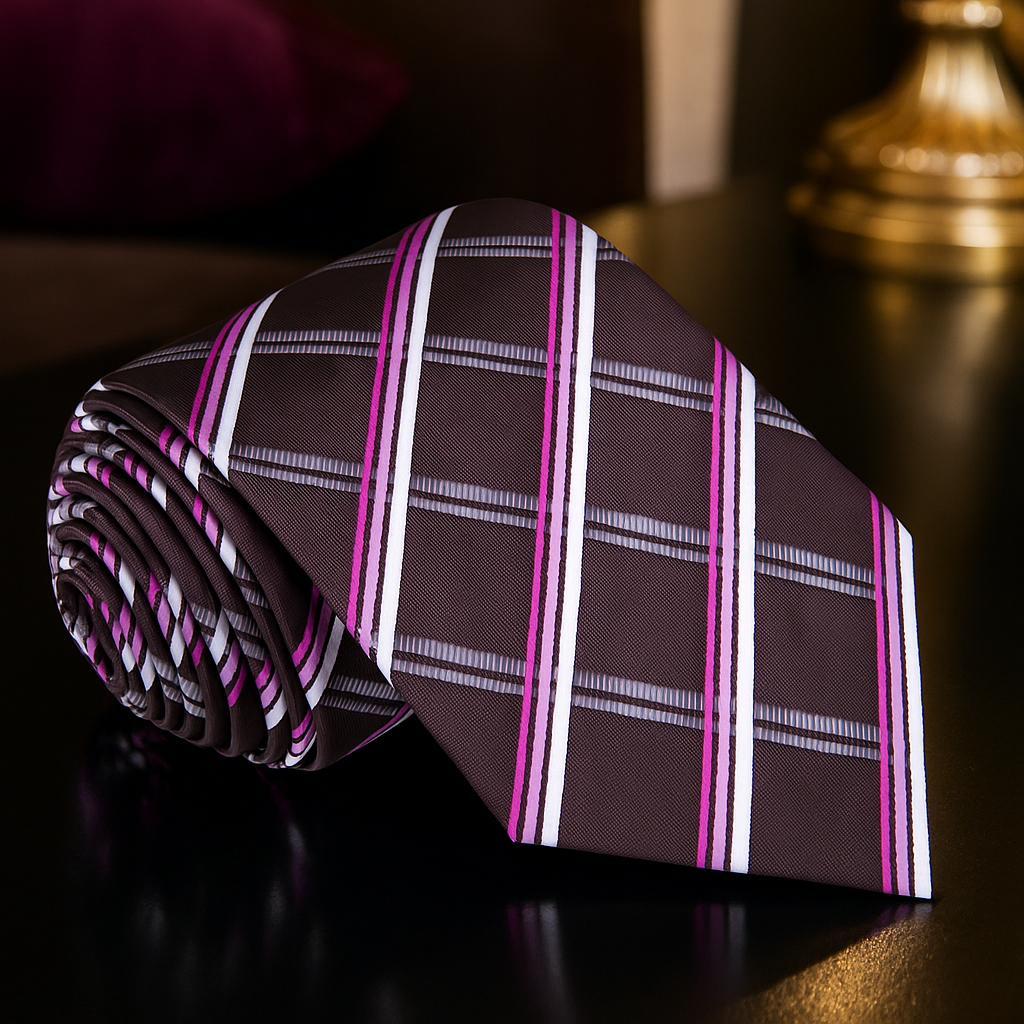 Brown, Pink, White Plaid Tie