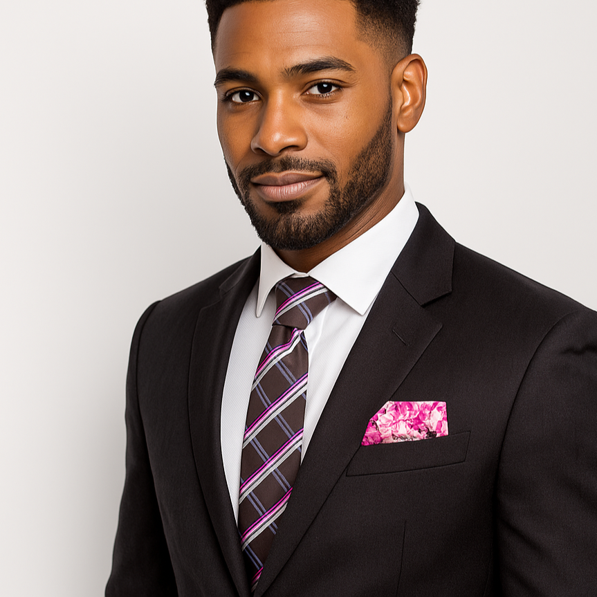 Man wearing a black suit with a patterned tie and pink pocket square on a light gray background