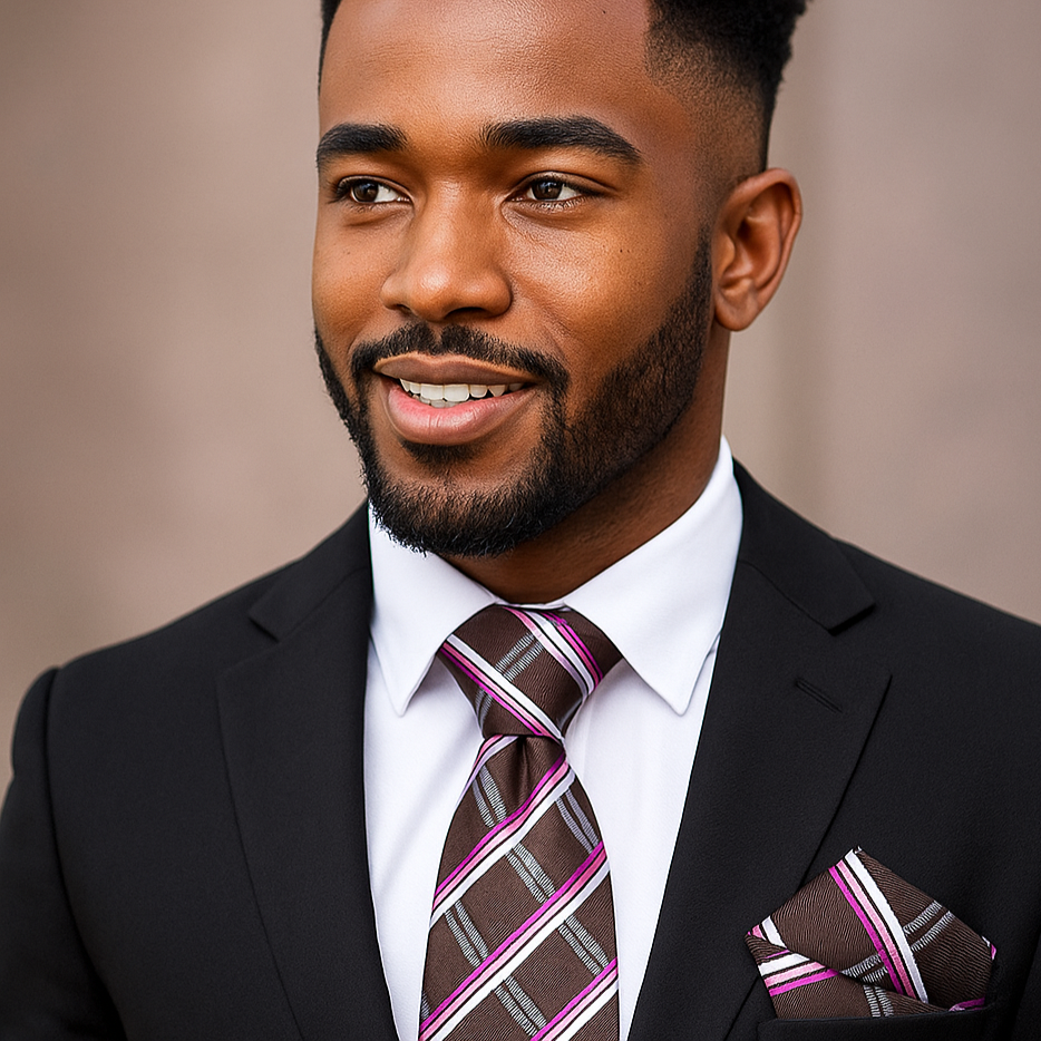 Man Wearing Brown Pink and White Plaid Tie and Square 