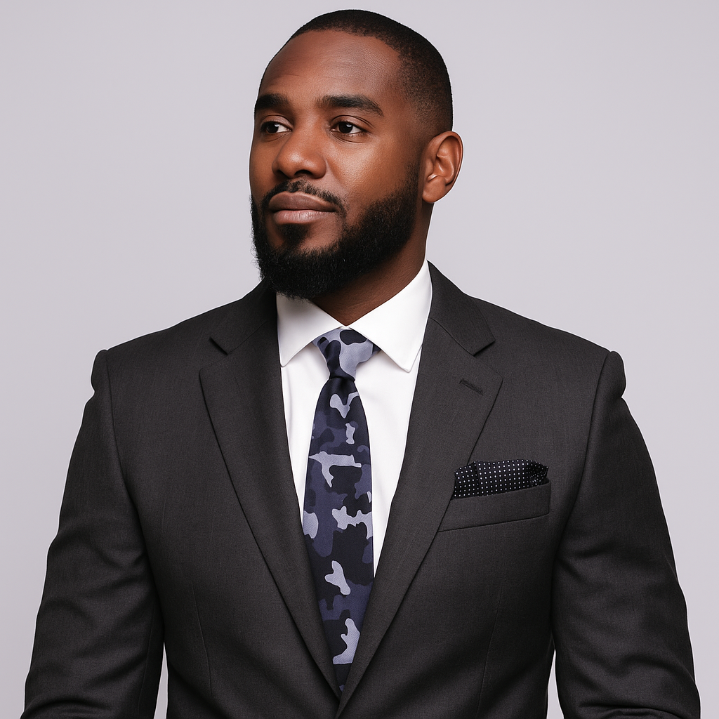Man wearing a black suit with a white shirt and camouflage tie on a gray background