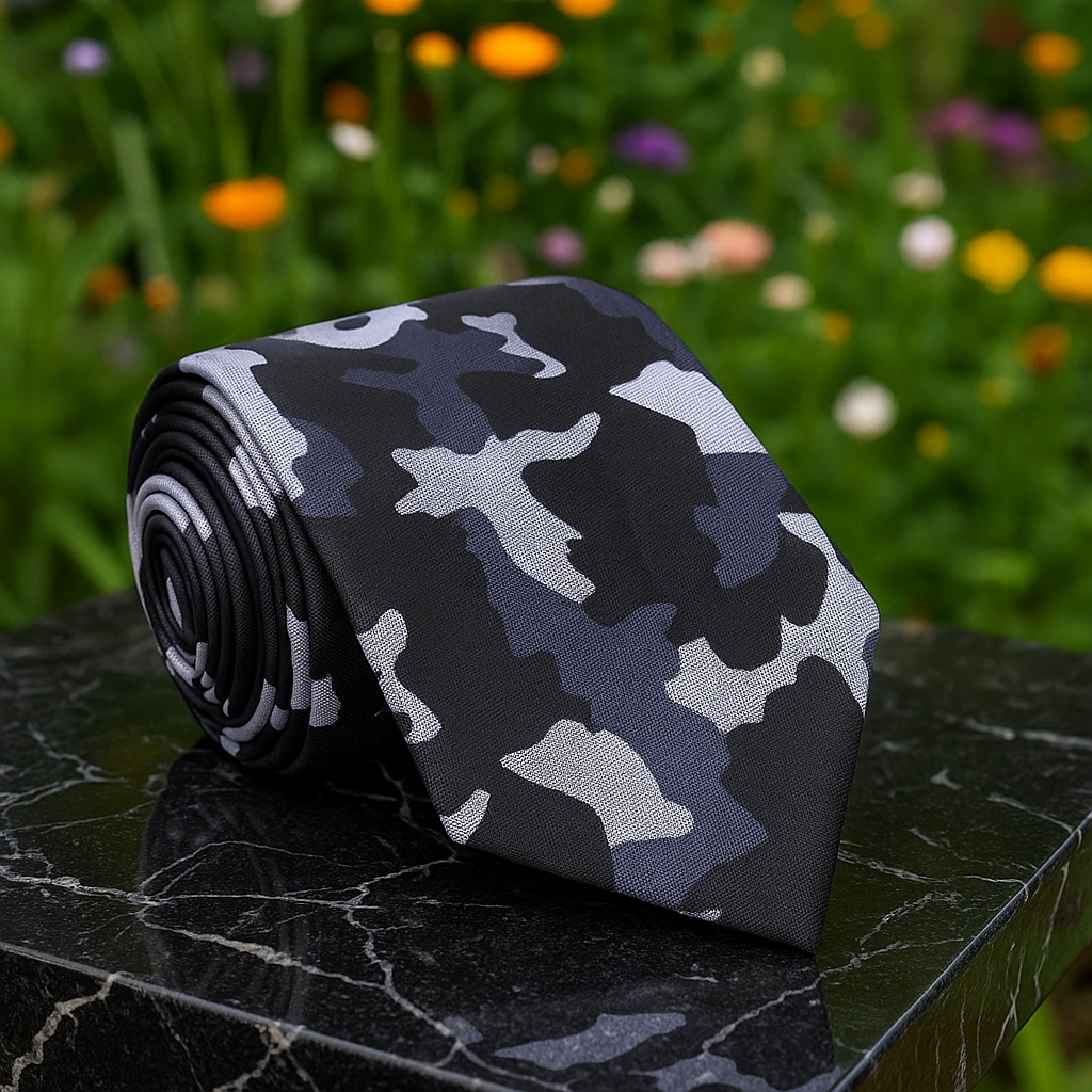 Camouflage tie on a dark surface with a blurred floral background
