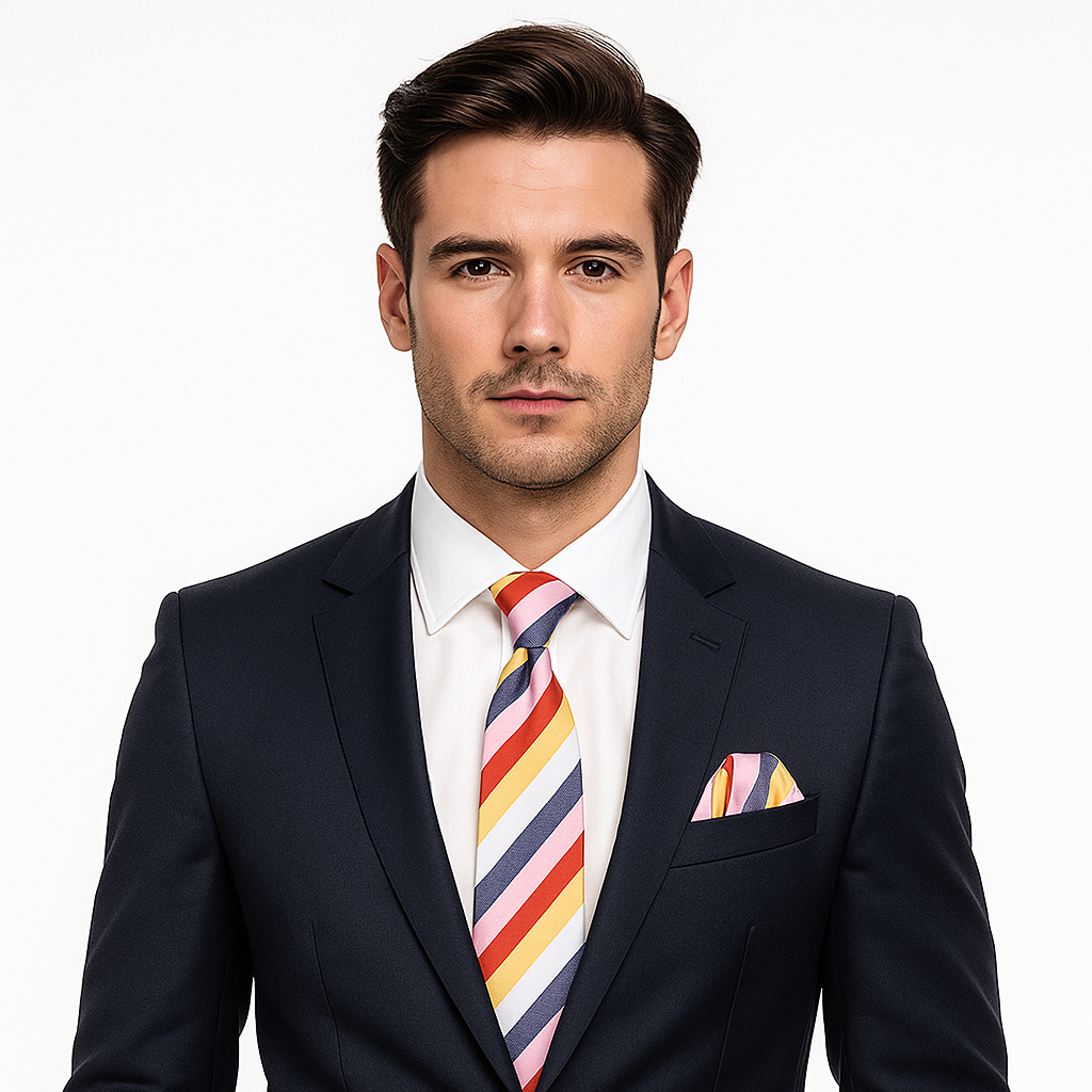 Man wearing a dark suit with a Main: Yellow, White, Pink, Red Stripe Tie and Pocket Square||Red, White, Yellow, Pink