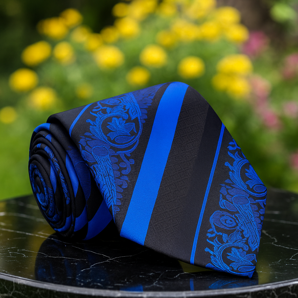 Blue and black patterned tie on a dark surface with a blurred floral background