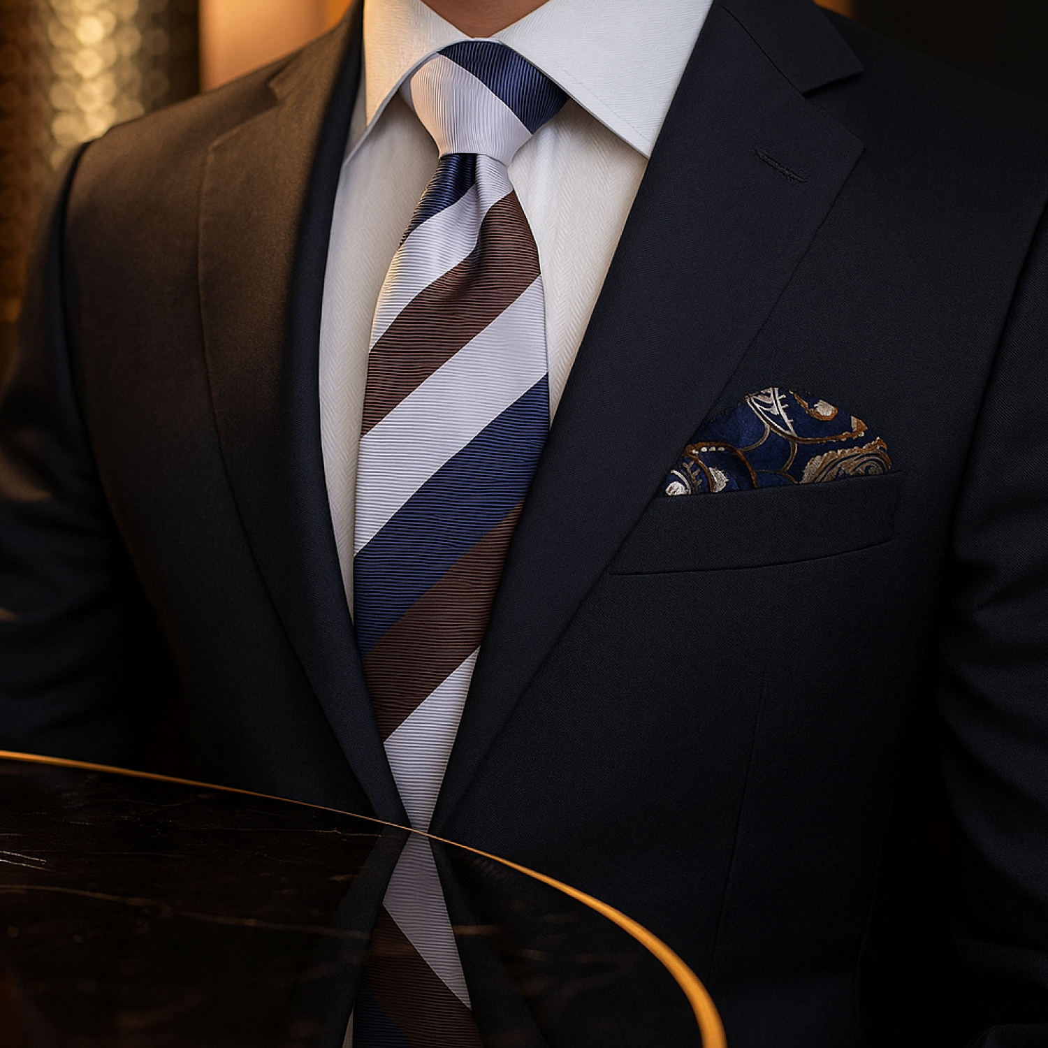 Man wearing a dark suit with a blue, brown and white striped tie and pocket square.