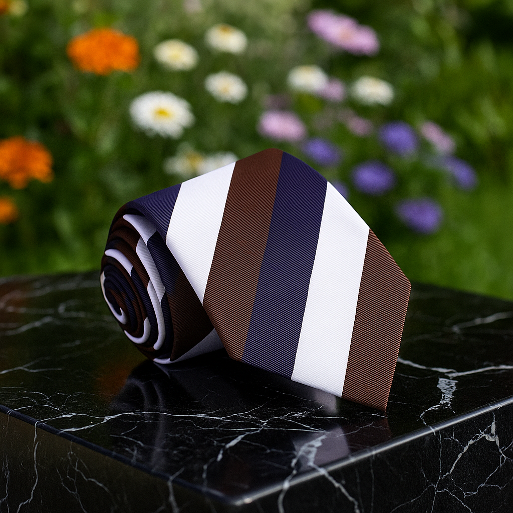 Blue, Brown and White Stripe Necktie on A Marble Table