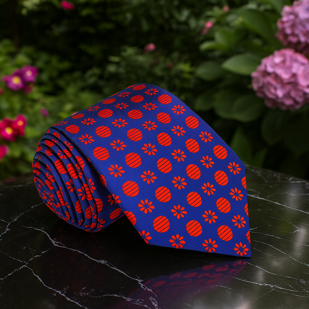Blue Red Fireball Floral Necktie 1