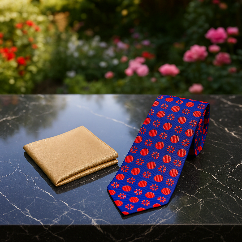 Alt Blue Red Fireball Floral Necktie and Gold Square