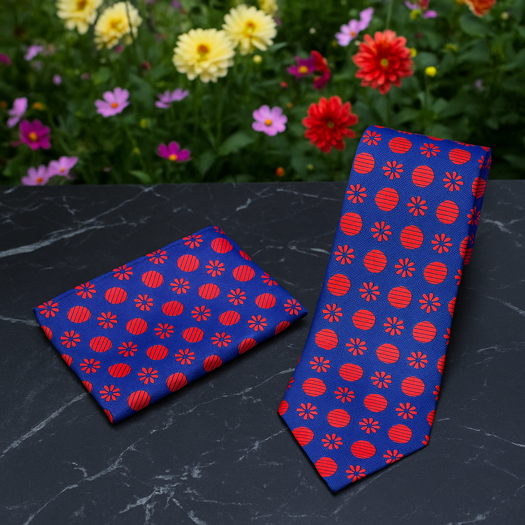Alt Blue Red Fireball Floral Necktie and Square